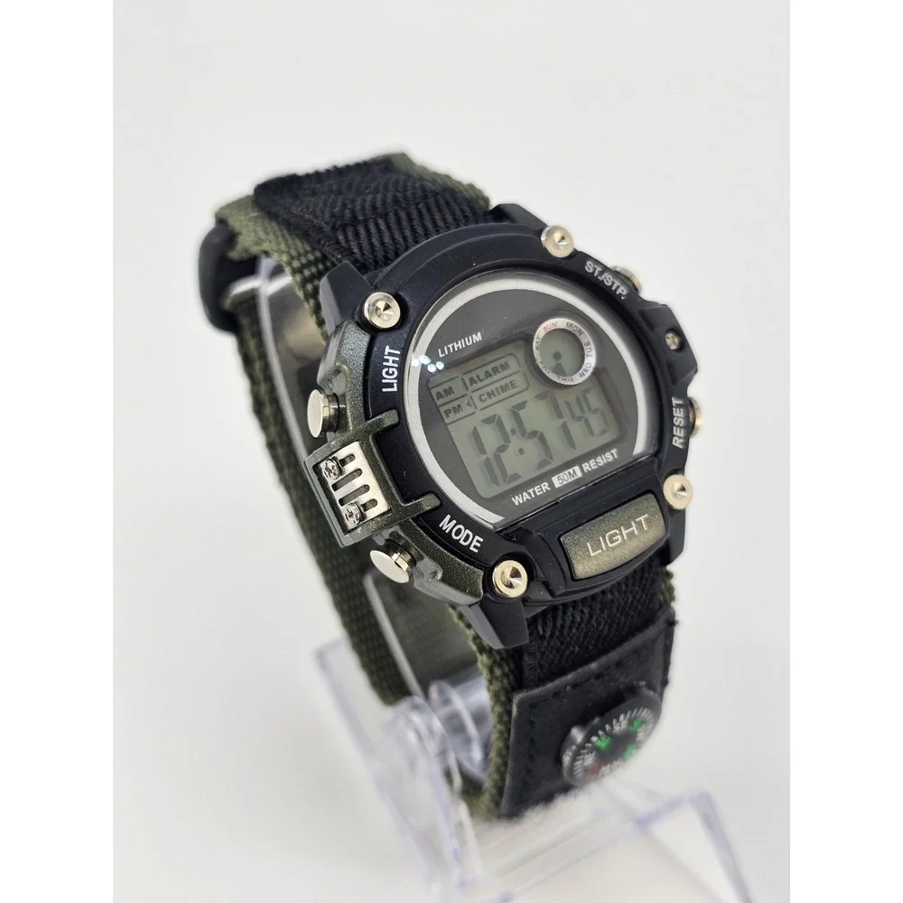 Men's Sports Digital Watch 46MM Black Green Nylon Band Compass New Battery